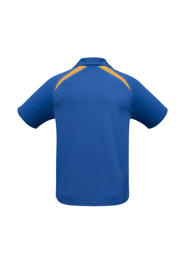Kids Splice Polo in Royal and Gold, size 6, featuring breathable mesh, UPF protection, and stylish short sleeves.