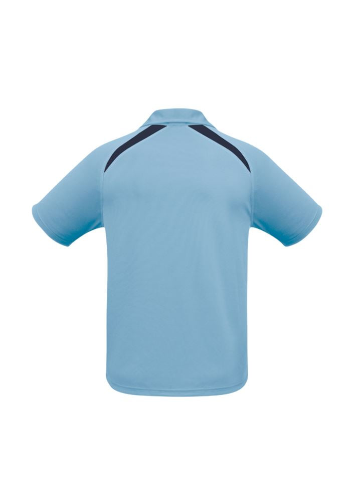 Kids Splice Polo in Spring Blue and Navy, size 6, lightweight, breathable, with UPF protection and stylish self-collar design.