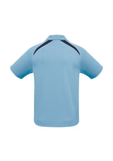 Kids Splice Polo in Spring Blue and Navy, size 6, lightweight, breathable, with UPF protection and stylish self-collar design.