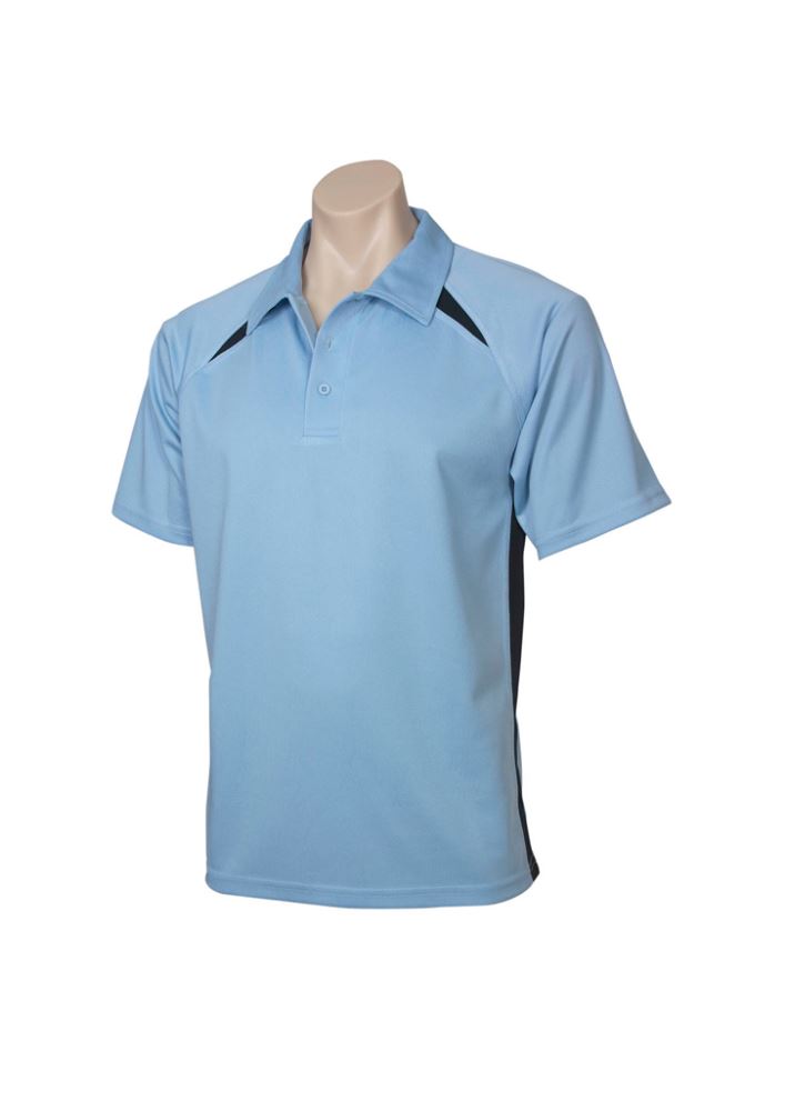 Kids Splice Polo in Spring Blue and Navy, size 6, featuring breathable fabric, short sleeves, and stylish self collar.