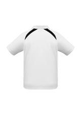 Kids Splice Polo in white and navy, size 8, featuring breathable fabric, short sleeves, and a stylish self-collar.