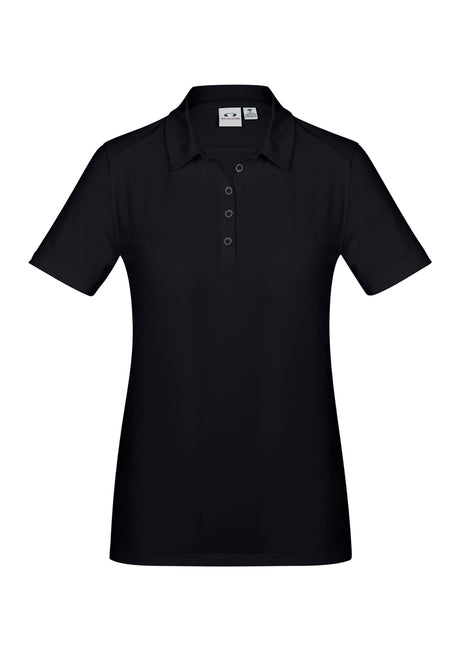 Ladies Aero Polo in Solid Black, Size 22, featuring lightweight fabric, UPF protection, and flat-locked seams for comfort.
