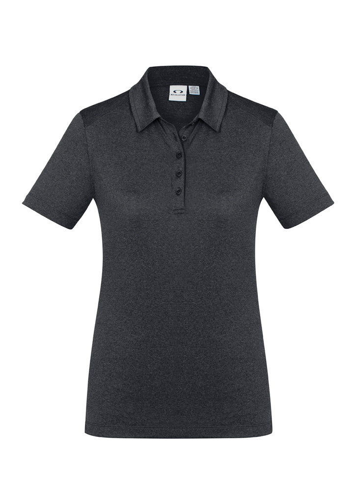 Ladies Aero Polo in Charcoal, size 12, featuring breathable fabric, heathered pattern, and UPF sun protection.