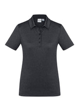 Ladies Aero Polo in Charcoal, Size 22, featuring breathable fabric, heathered marle pattern, and flat-locked seams for comfort.
