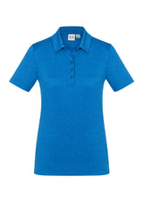 Ladies Aero Polo in vibrant Cyan, size 22, featuring breathable fabric, UPF protection, and a stylish heathered design.