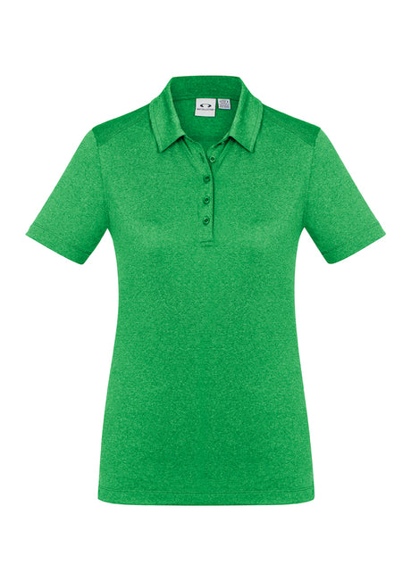 Ladies Aero Polo in vibrant lime, size 16, featuring a stylish heathered pattern and flat-locked seams for comfort.