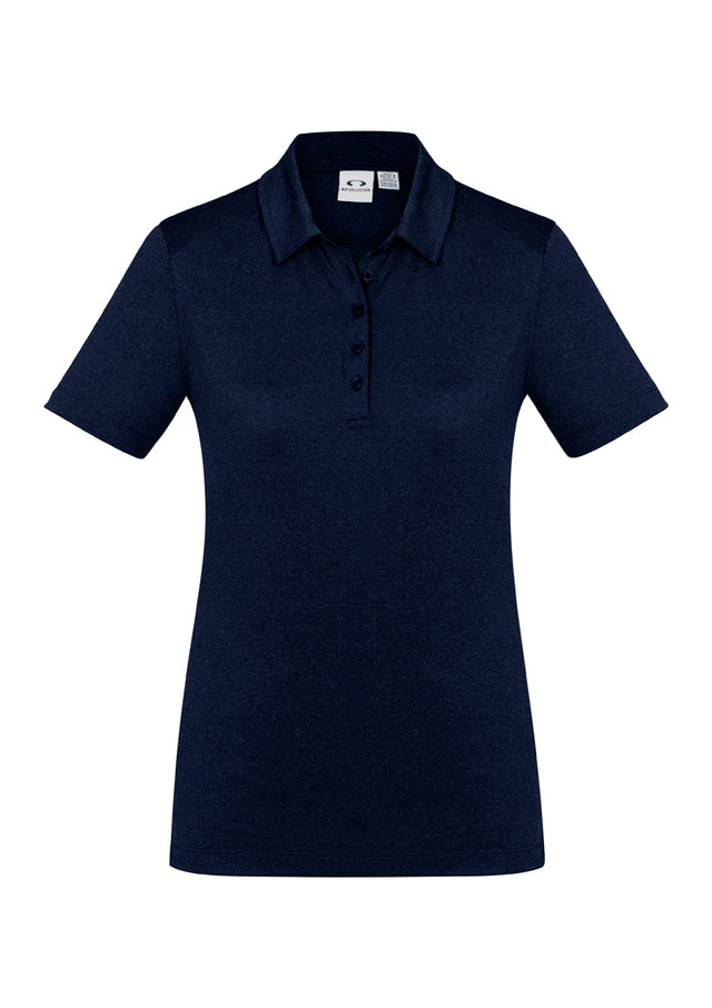 Navy Ladies Aero Polo in size 10, featuring moisture-wicking fabric, UPF protection, and a stylish heathered marle pattern.