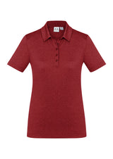 Ladies Aero Polo in vibrant red, size 22, featuring a soft cotton-like texture, UPF protection, and a stylish heathered marle pattern.