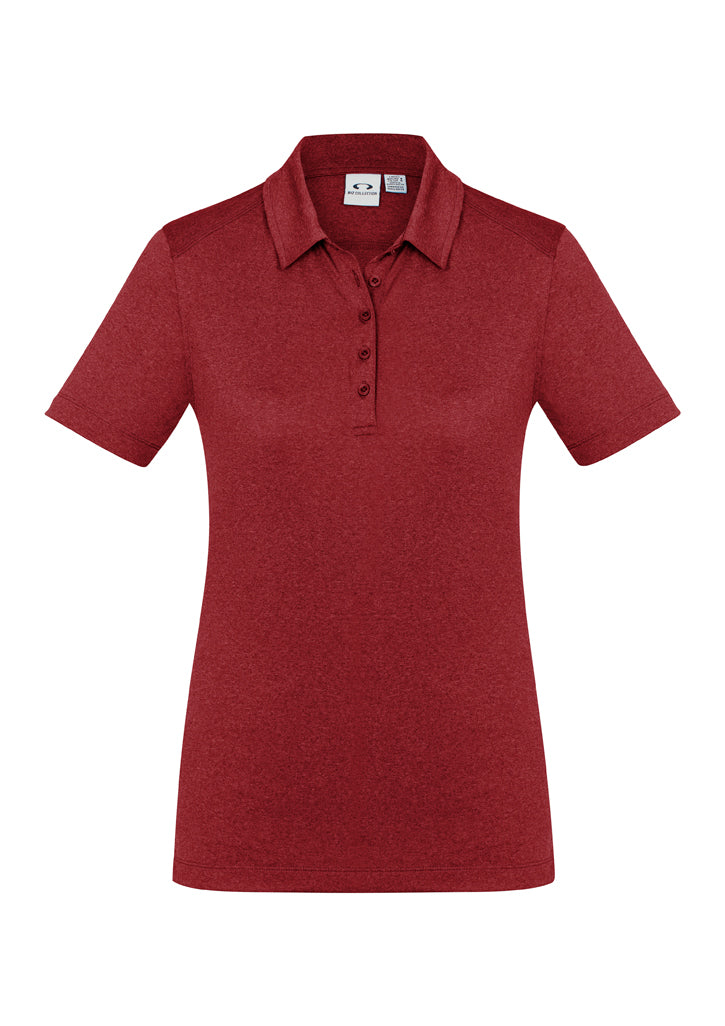 Ladies Aero Polo in red, size 20, featuring a heathered pattern, soft polyester fabric, and a stylish self-fabric collar.
