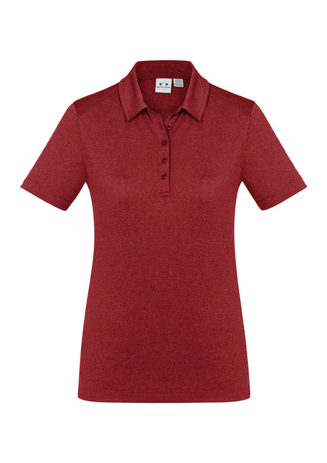 Ladies Aero Polo in red, size 20, featuring a heathered pattern, soft polyester fabric, and a stylish self-fabric collar.