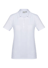 Ladies Aero Polo in white, size 18, featuring lightweight fabric, UPF protection, and a stylish heathered marle pattern.