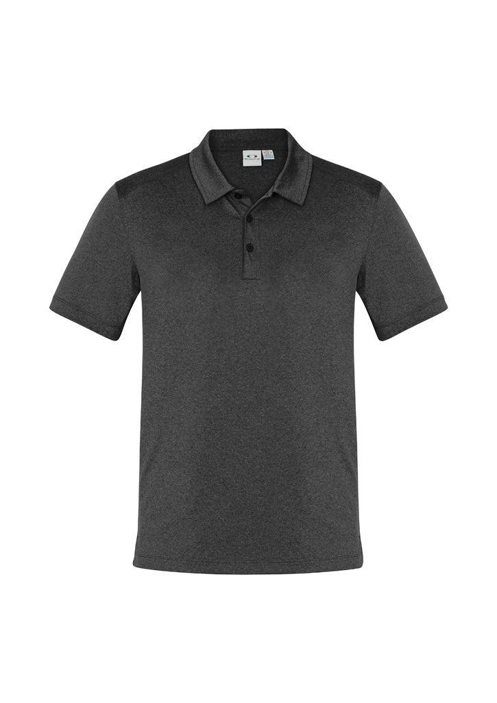 Men's Aero Polo in Black, Size M, featuring breathable fabric, UPF sun protection, and a stylish heathered marle pattern.
