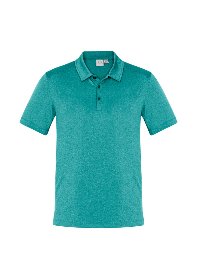 Men's teal Aero Polo shirt in size S featuring lightweight, breathable fabric, UPF protection, and a stylish heathered pattern.