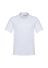 Mens Aero Polo in White, Size M, showcasing lightweight comfort, anti-shrink fabric, and stylish heathered marle pattern.