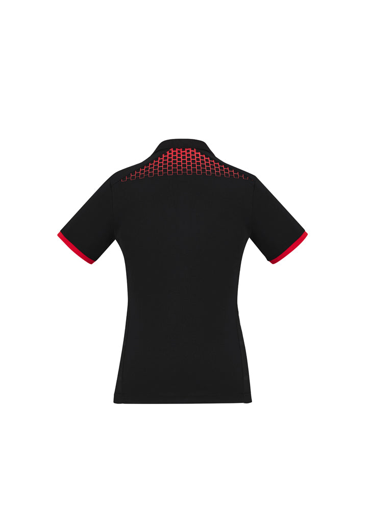 Ladies Galaxy Polo in Black/Red, Size 18, featuring dynamic hexagonal print and breathable, sweat-wicking fabric for comfort.