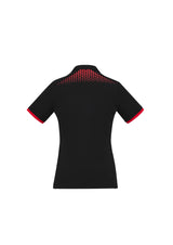 Ladies Galaxy Polo in black and red, size 22, featuring breathable fabric, antibacterial treatment, and stylish mesh panels.