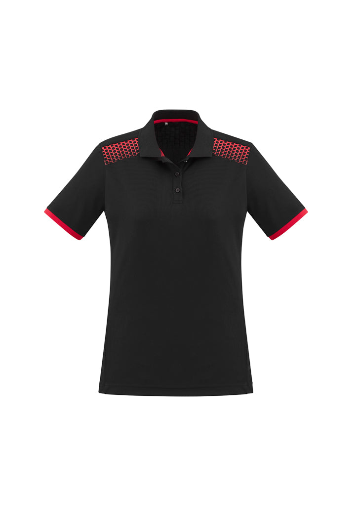 Ladies Galaxy Polo in Black/Red, Size 18, featuring hexagonal print, breathable fabric, and mesh panels for comfort and durability.