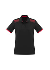 Ladies Galaxy Polo in Black/Red, Size 18, featuring hexagonal print, breathable fabric, and mesh panels for comfort and durability.