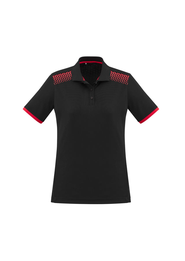 Ladies Galaxy Polo in black and red, Size 6, featuring breathable fabric, UPF protection, and stylish hexagonal prints.