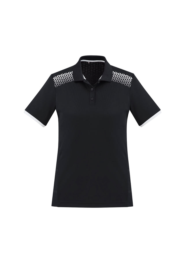 Ladies Galaxy Polo in Black/White, Size 10, featuring breathable fabric, antibacterial treatment, and dynamic prints for branding.