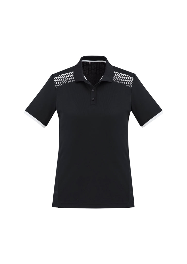 Ladies Galaxy Polo in Black/White, Size 22, featuring breathable fabric, antibacterial treatment, and stylish hexagonal print.