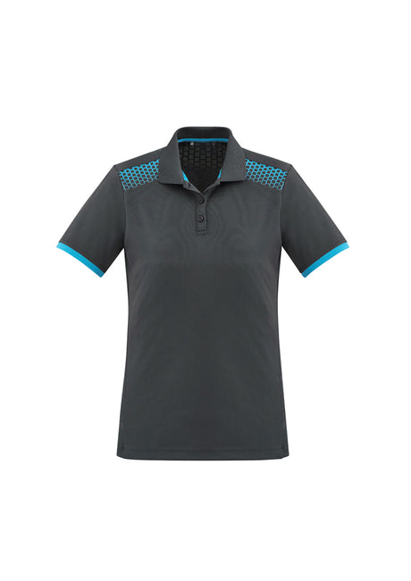 Ladies Galaxy Polo in Grey/Cyan, Size 18, featuring breathable fabric, dynamic prints, and excellent sun protection.