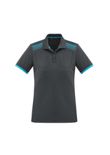 Ladies Galaxy Polo in Grey/Cyan, size 22, featuring breathable fabric, unique print, and mesh panels for comfort and style.