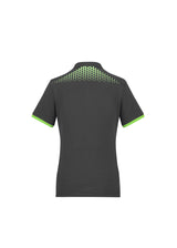 Ladies Galaxy Polo in Grey/Fluoro Lime, size 16, featuring breathable fabric, antibacterial treatment, and stylish hexagonal print.