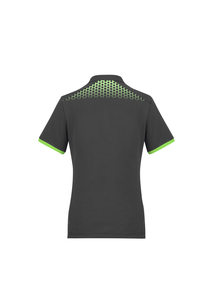 Ladies Galaxy Polo in Grey/Fluoro Lime, Size 18, featuring breathable fabric, anti-odor treatment, and unique hexagonal print.