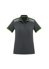 Ladies Galaxy Polo in Grey/Fluoro Lime, Size 10, featuring breathable fabric, modern print, and antibacterial properties.