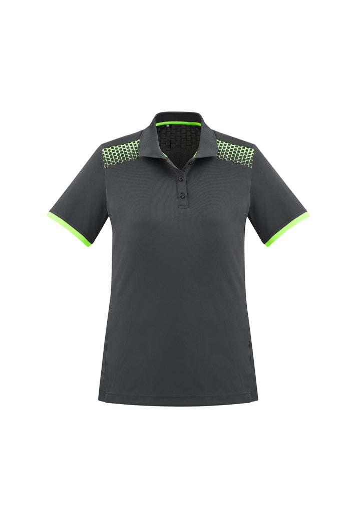 Ladies Galaxy Polo in Grey/Fluoro Lime, Size 12, featuring breathable fabric, stylish hexagonal print, and excellent UV protection.