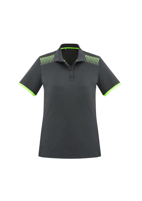 Ladies Galaxy Polo in Grey/Fluoro Lime, Size 12, featuring breathable fabric, stylish hexagonal print, and excellent UV protection.