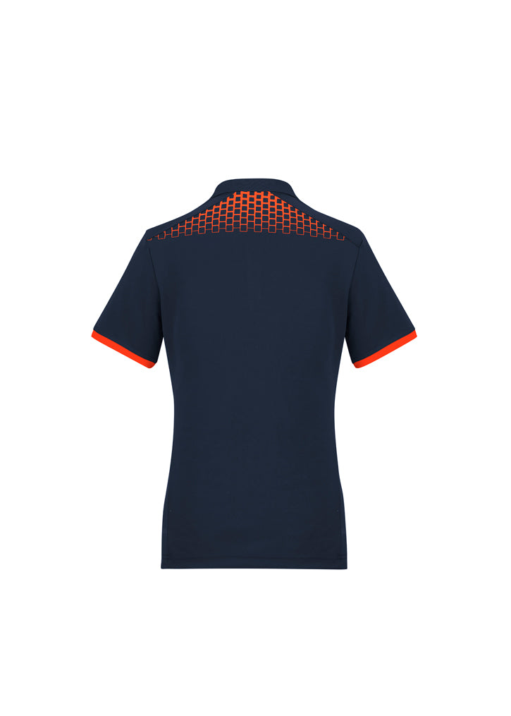 Ladies Galaxy Polo in navy and fluoro orange, featuring breathable fabric, dynamic print, and antibacterial treatment for comfort.