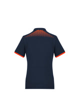 Ladies Galaxy Polo in navy and fluoro orange, size 6, featuring breathable fabric, antibacterial treatment, and dynamic print.