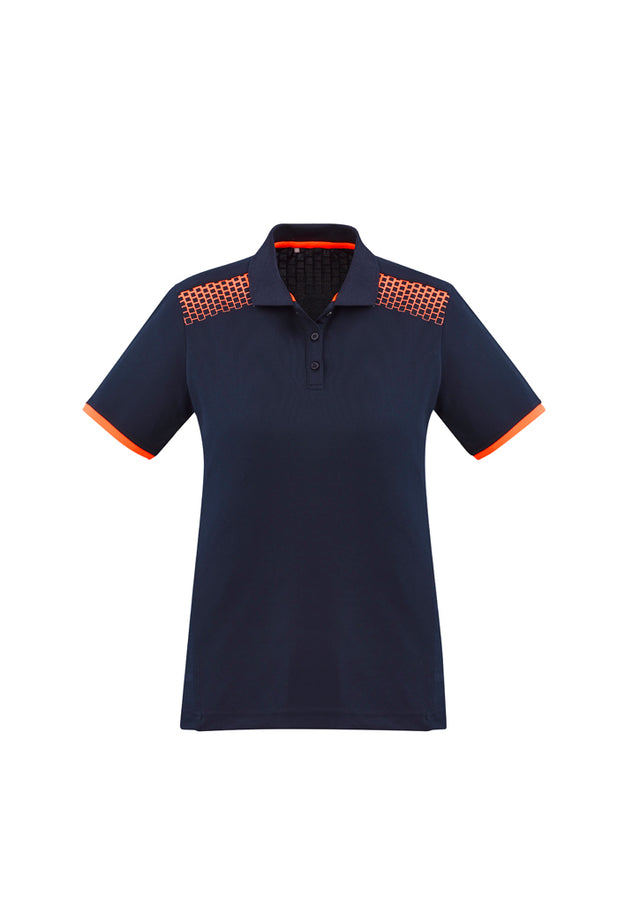 Ladies Galaxy Polo in Navy and Fluoro Orange, featuring breathable fabric, stylish hexagonal print, and perfect fit for size 8.
