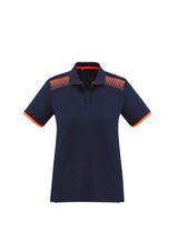 Ladies Galaxy Polo in Navy and Fluoro Orange, size 18, featuring breathable fabric and dynamic hexagonal print for style.