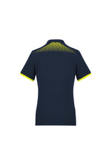 Ladies Galaxy Polo in Navy/Fluoro Yellow, Size 24, features breathable fabric, antibacterial treatment, and modern hexagonal print.
