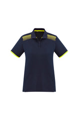 Navy and fluoro yellow Ladies Galaxy Polo, size 12, featuring breathable fabric, hexagonal print, and mesh panels for ventilation.