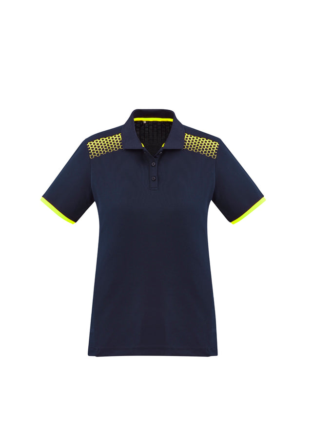 Navy and fluoro yellow Ladies Galaxy Polo, Size 18, featuring breathable fabric and stylish hexagonal print for active wear.