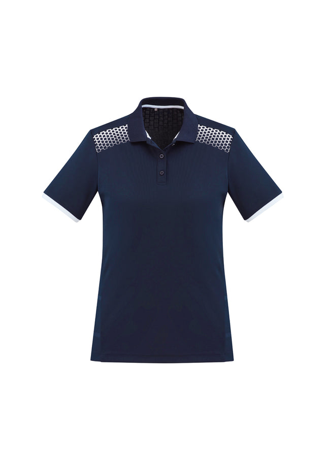 Ladies Galaxy Polo in Navy/White, Size 6; breathable, stylish with hexagonal print and mesh panels for comfort and ventilation.