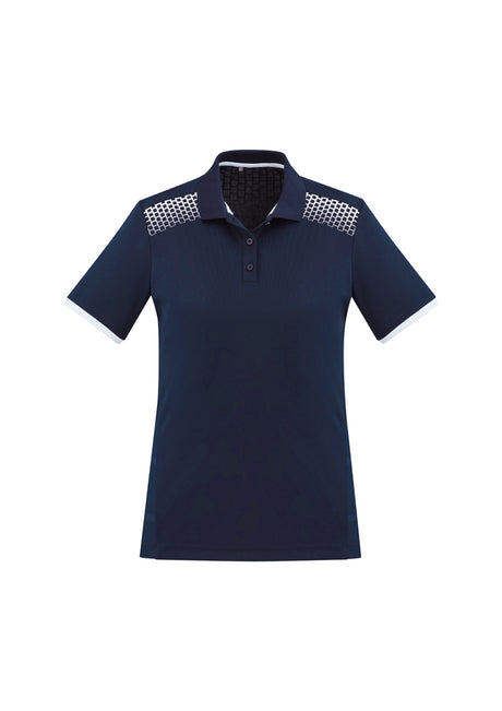Navy/White Ladies Galaxy Polo, Size 18, featuring breathable fabric, moisture-wicking, UPF protection, and stylish hexagonal print.