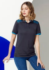 Ladies Galaxy Polo in Black and Red, Size 18, featuring dynamic hexagonal print and breathable, moisture-wicking fabric.