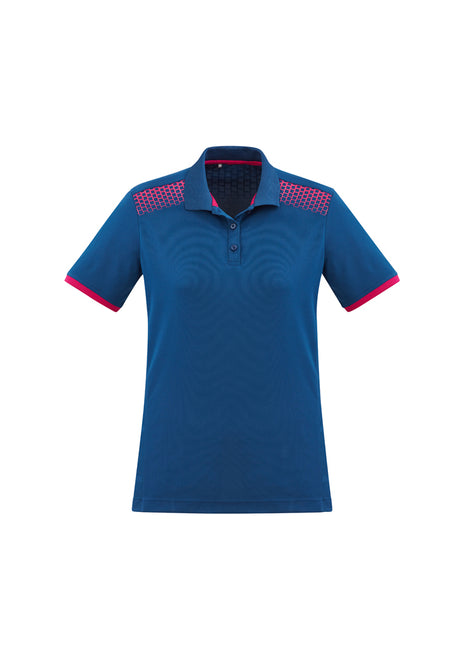 Ladies Galaxy Polo in Steel Blue and Magenta, featuring hexagonal print, breathable fabric, and UPF sun protection, size 8.