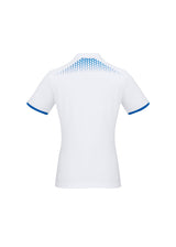 Ladies Galaxy Polo in White/Royal, Size 24, featuring breathable fabric, dynamic print, and mesh side panels for comfort.