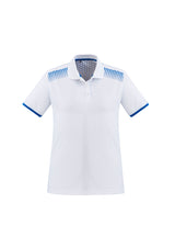 Ladies Galaxy Polo in White/Royal, Size 12, featuring breathable fabric, UPF protection, and vibrant hexagonal prints.