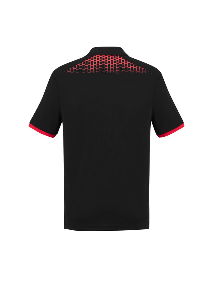 Mens Galaxy Polo in Black/Red, size M, features breathable polyester, antibacterial treatment, and dynamic hexagonal print.