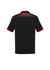 Mens Galaxy Polo in Black/Red, size M, features breathable polyester, antibacterial treatment, and dynamic hexagonal print.