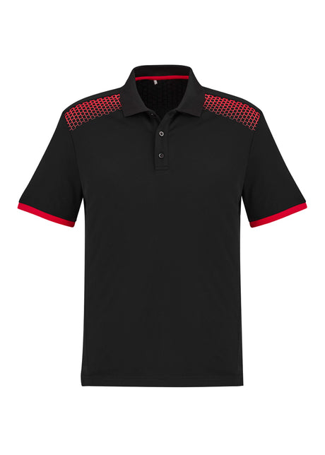 Men's Galaxy Polo in black and red, size S featuring breathable polyester, hexagonal print, and a loose pocket for added convenience.