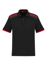 Mens Galaxy Polo in Black and Red, Size 3XL, featuring breathable fabric, UPF protection, and stylish hexagonal print.