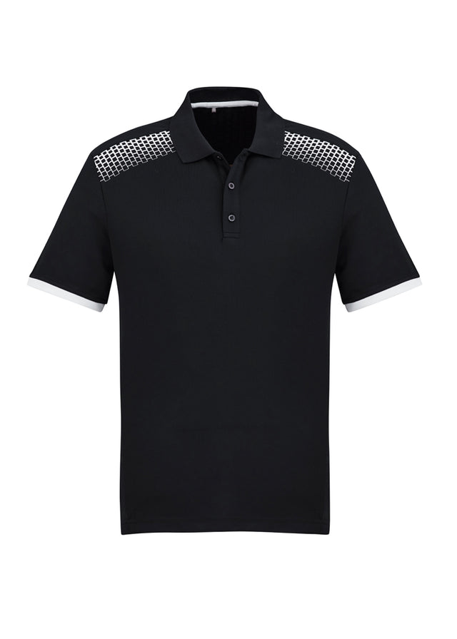 Mens Galaxy Polo in Black/White, size 5XL, featuring breathable fabric, dynamic print, and practical pocket for comfort and style.